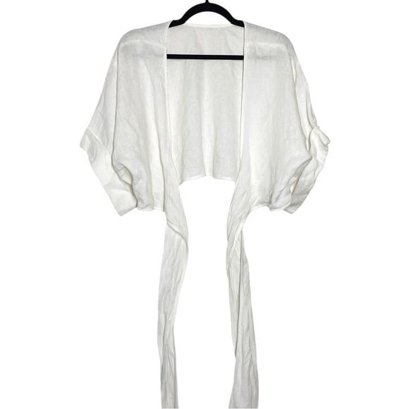 Three Graces White Linen Casual Coastal Neutral Minimalist Tie Up Crop Top - Picture 3 of 9